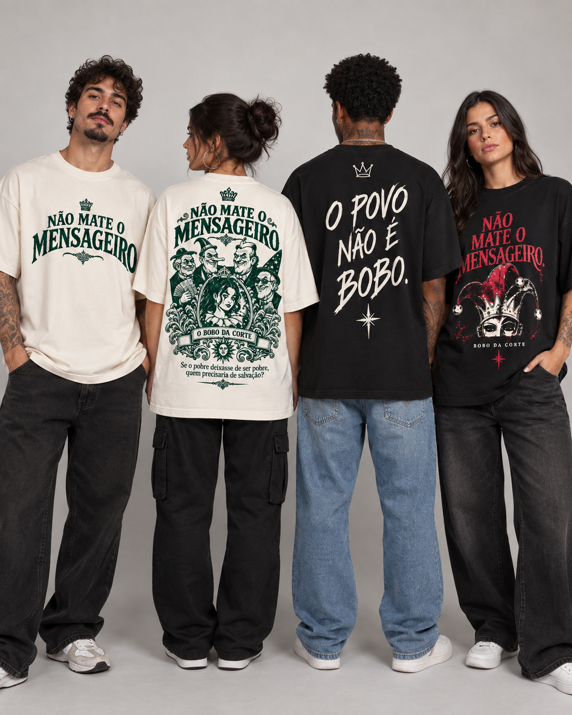 Quatro modelos vestindo camisetas da coleção Bobo da Corte